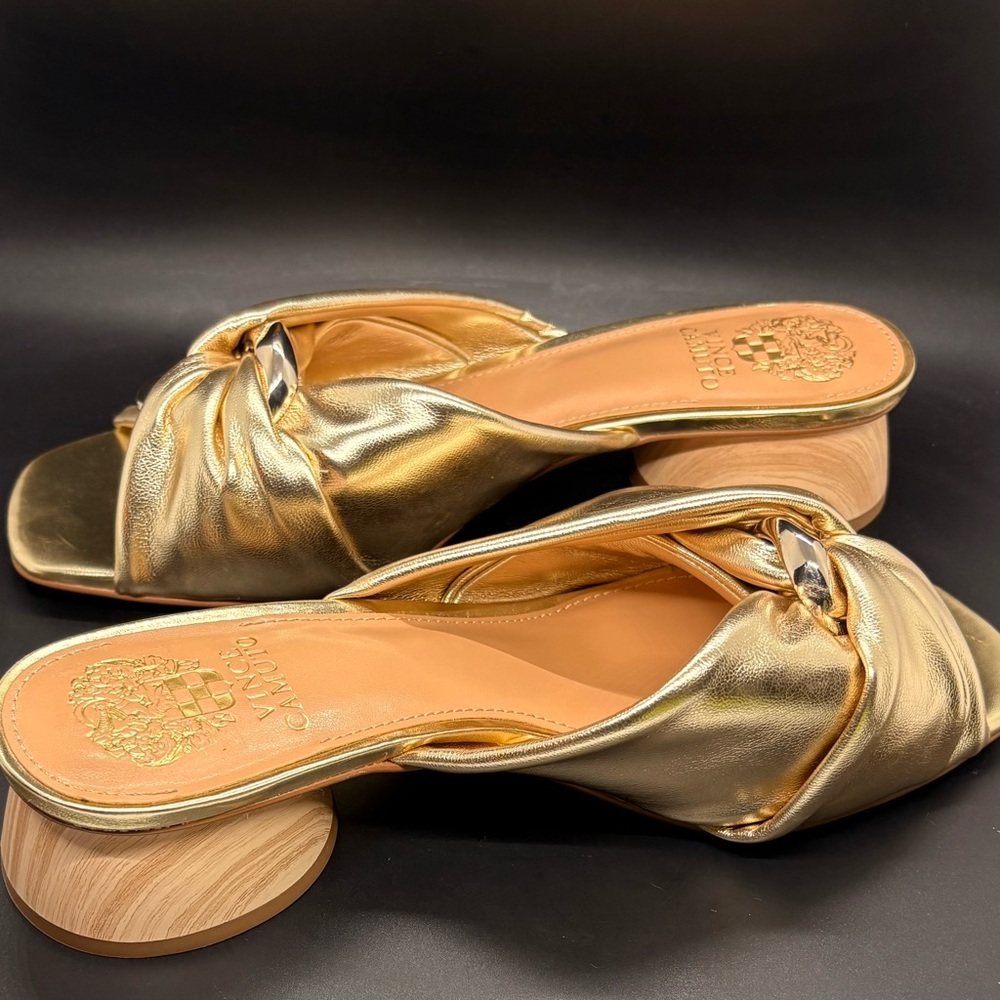 Vince Camuto Gold Mules with Wooden Heel